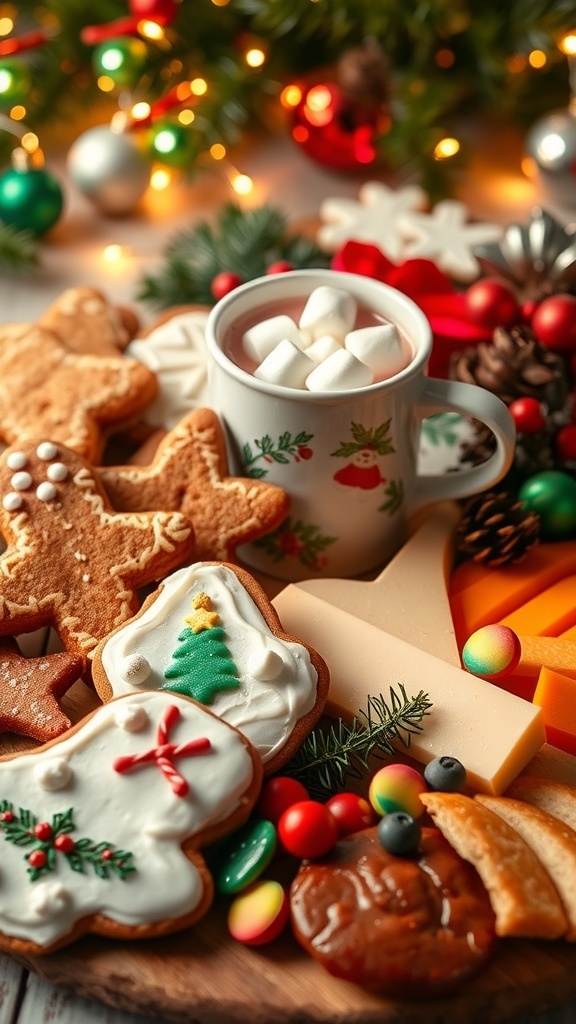 A festive assortment of Christmas treats including cookies, hot chocolate, and a cheese board on a decorated table.